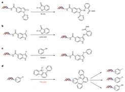a, Rhodium-mediated C2 functionalization limited to indoles with pyrimidine as directing group. b, Lewis-acid-mediated C3 functionalization of free N–H indoles. c, Oxidative thioester synthesis between electron-rich arenes and arylthiols. d, A general C–H functionalization of arenes by means of a synthetic linchpin, and the subsequent transformations, as a strategy to expand the accessible chemical space for DEL synthesis. Depicted DNA fragment: HP–AOP–NH–.