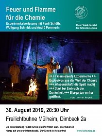Upcoming event for the public: Professor Schüth's experimental lecture on the Mülheim open-air stage: Friday, 30 August 2019, 8:30 p.m. will take place