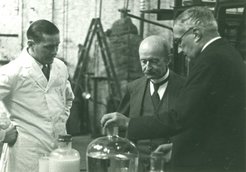 Max Planck visiting Franz Fischer in his laboratory, 1934